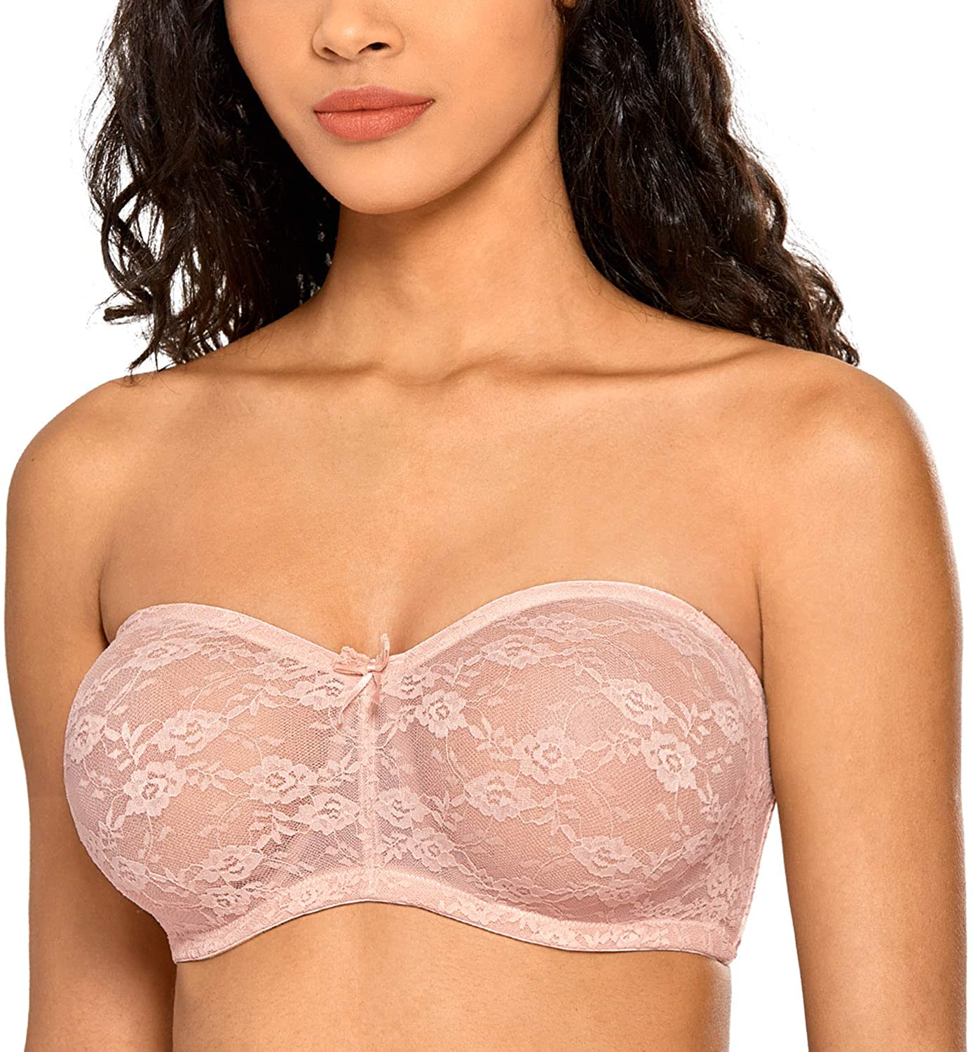 Price:$19.99 DOBREVA Women's No Padding See-Through Underwire Multiway Strapless Lace Bra at Amazon Women’s Clothing store