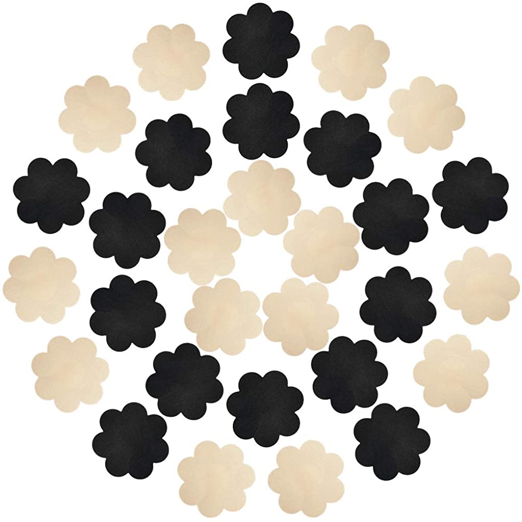 Price:$7.99 Bskifnn 30 Pairs Nipple Covers Disposable, Comfortable, Sexy, Flower Shaped Nipple Stickers for Strapless or Light Top -Beige 15 Pairs, Black 15 Pairs at Amazon Women’s Clothing store