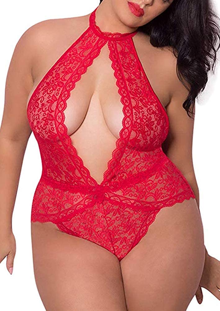 Price:$13.88    Women's Plus Size High Neck Teddy, Sexy Plunging Neckline Keyhole Scalloped Lace Trim Open Back Lingerie  Clothing