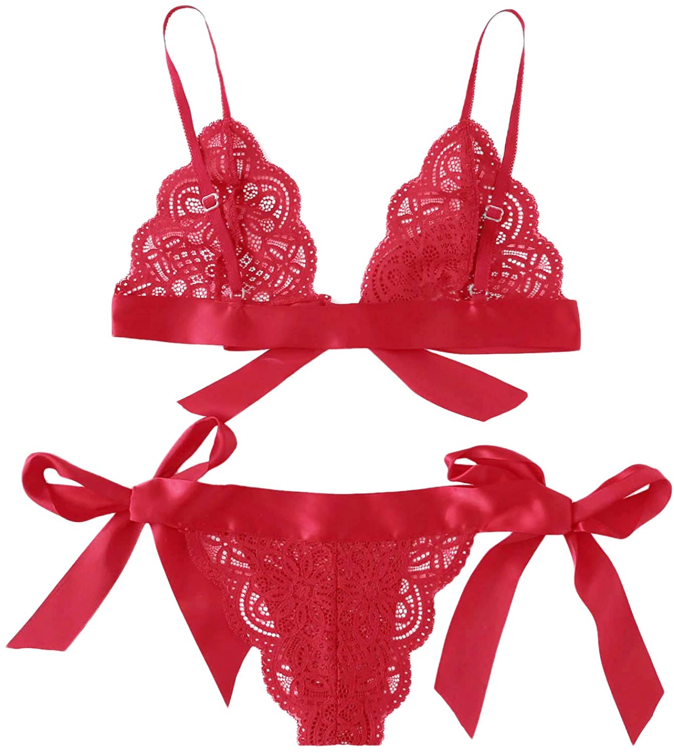 Price:$16.99    SweatyRocks Women's Sexy Floral Lace Scalloped Trim Self Tie Panty Mesh Lingerie Set Red Small  Clothing