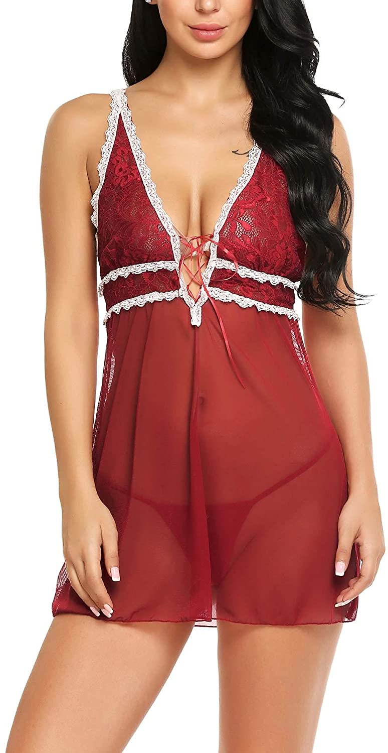Price:$22.90 ADOME Women Lingerie V Neck Nightwear Lace Sleepwear Lace Chemise Mini Dress at Amazon Women’s Clothing store