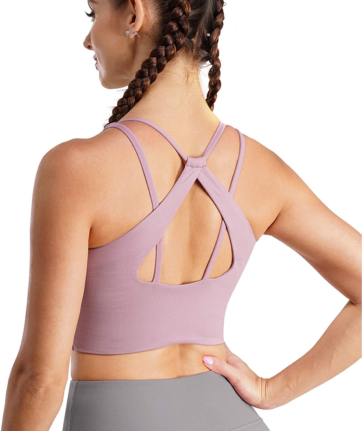 Price:$12.99 TrainingGirl Women Strappy Racerback Sports Bra Longline Yoga Crop Top Camisole Medium Support Wirefree Padded Workout Bra at Amazon Women’s Clothing store