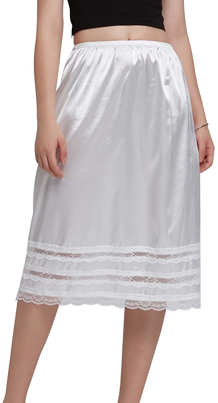 Price:$13.99 Women's Knee Length Half Slip Skirt Lingerie with Lace Trim Anti-Static Elastic Waist Plus Size Midi Underskirt at Amazon Women’s Clothing store
