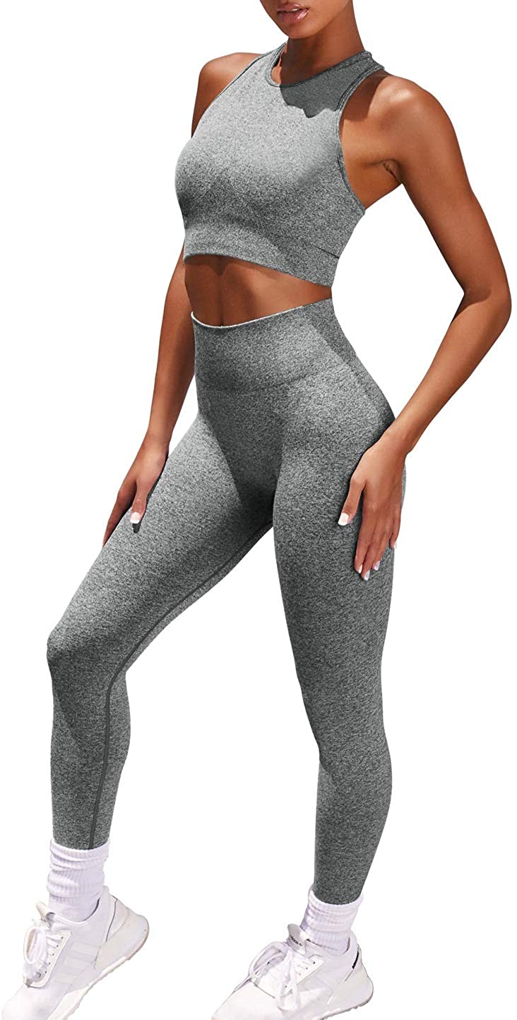 Price:$25.99 OQQ Women Yoga Outfit Seamless 2 Piece Workout Gym High Waist Leggings Racerback Paded Sports Bra Set at Amazon Women’s Clothing store
