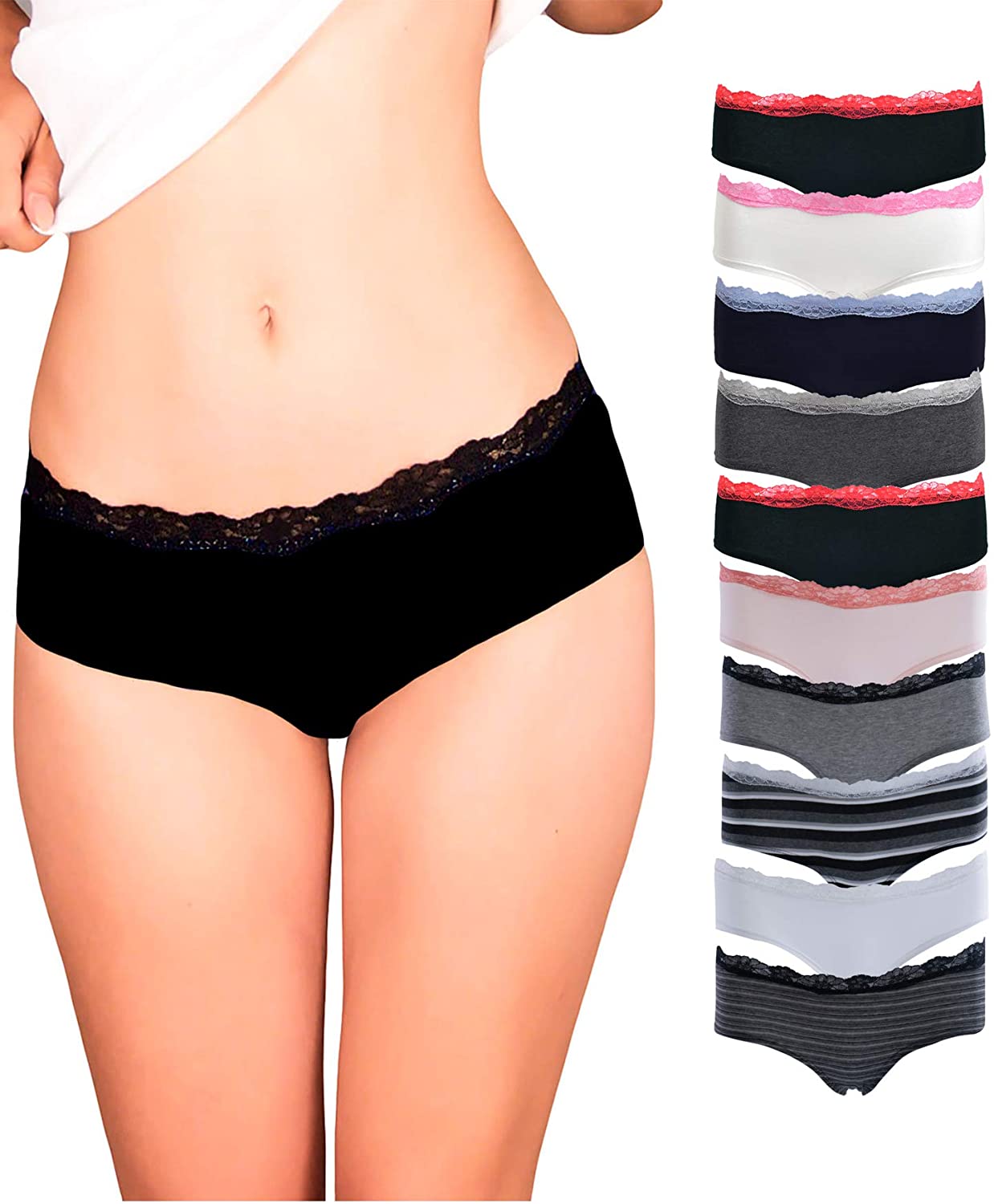 Price:$21.99 Emprella Womens Lace Underwear Hipster Panties Cotton-Spandex-10 Pack Colors and Patterns May Vary, Assorted at Amazon Women’s Clothing store