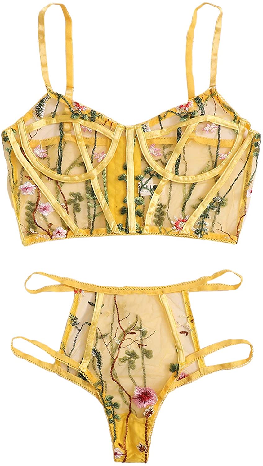 Price:$21.99 Milumia Women Embroidery Mesh Sheer Underwire Top and Cut Out Hipsters Panties Set |  