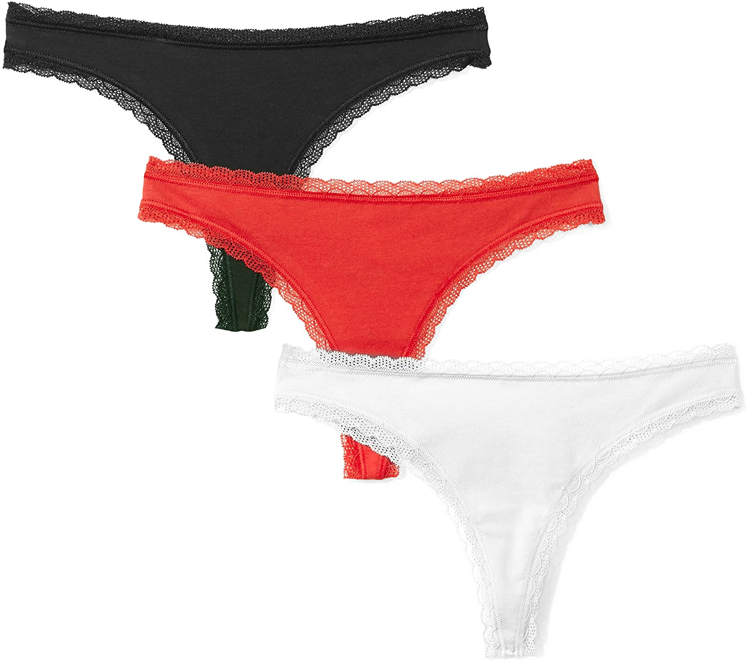 Price:$8.11    Amazon Brand - Mae Women's Lace Trim Cotton Thong Underwear, 3 Pack  Clothing