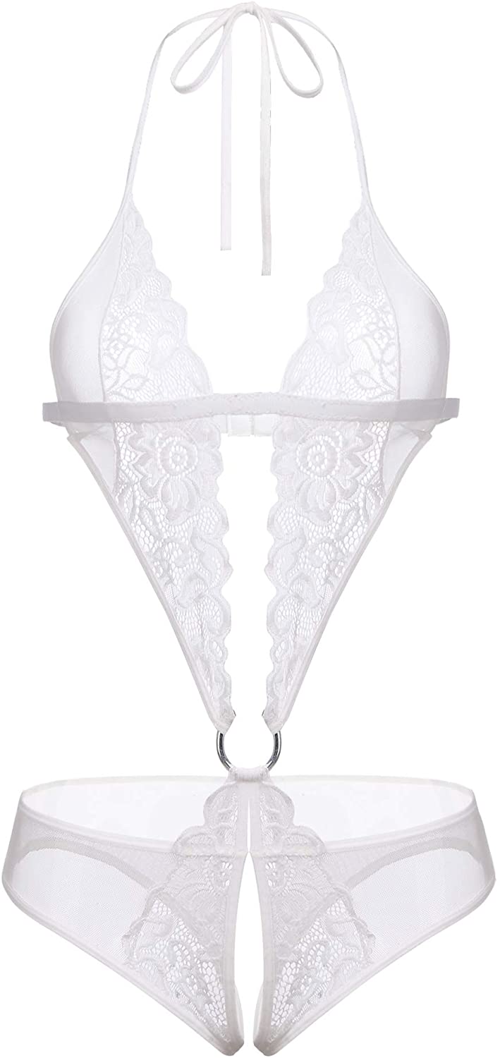 Price:$13.99 ADOME Mini Teddy for Womens Deep V Halter One Piece Lingerie Lace Bodysuit at Amazon Women’s Clothing store