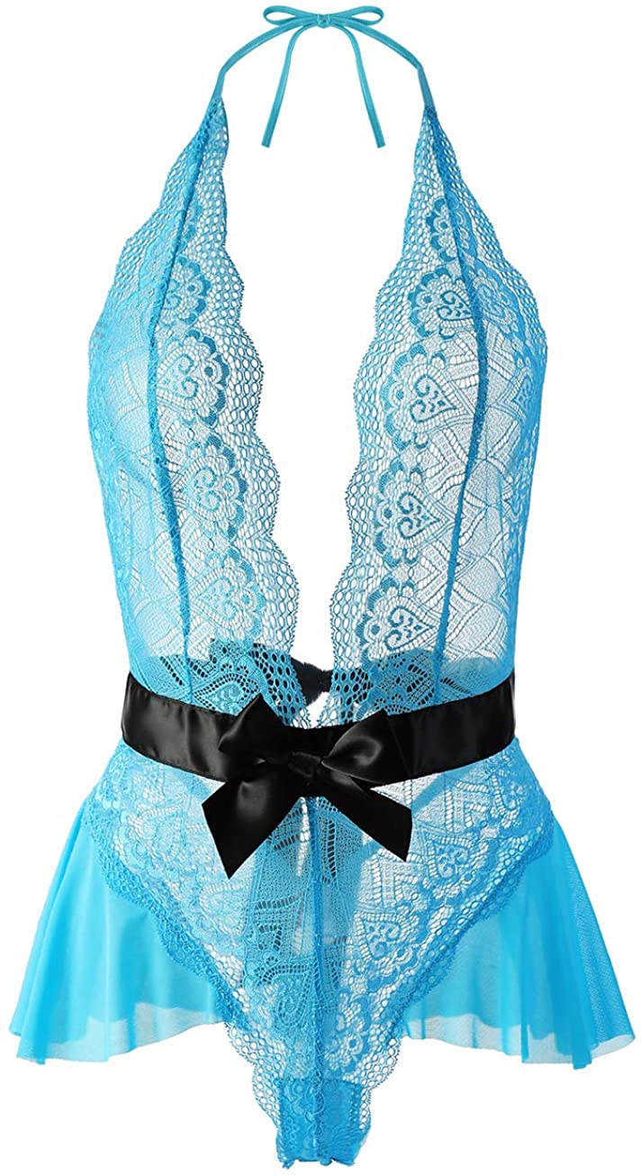 Price:$14.99 EDENIGHT Women Lace Bodysuit Lingerie Halter One Piece Deep V Teddy Blue at Amazon Women’s Clothing store