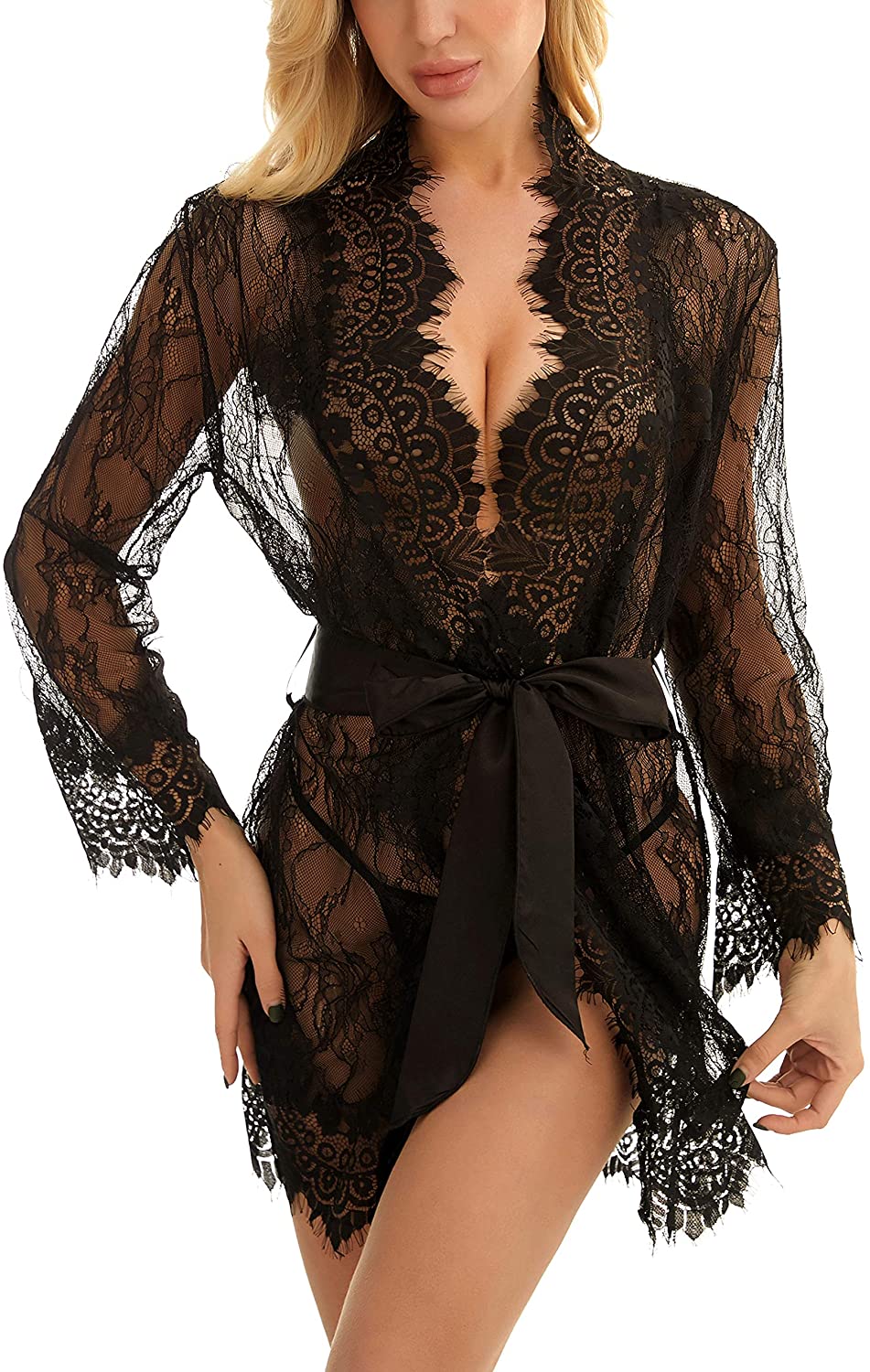 Price:$15.99 Lomitti Women's Eyelash Lace Kimono Robe Sheer Babydoll Sexy Lingerie Mesh Nightgown (XL, Black) at Amazon Women’s Clothing store