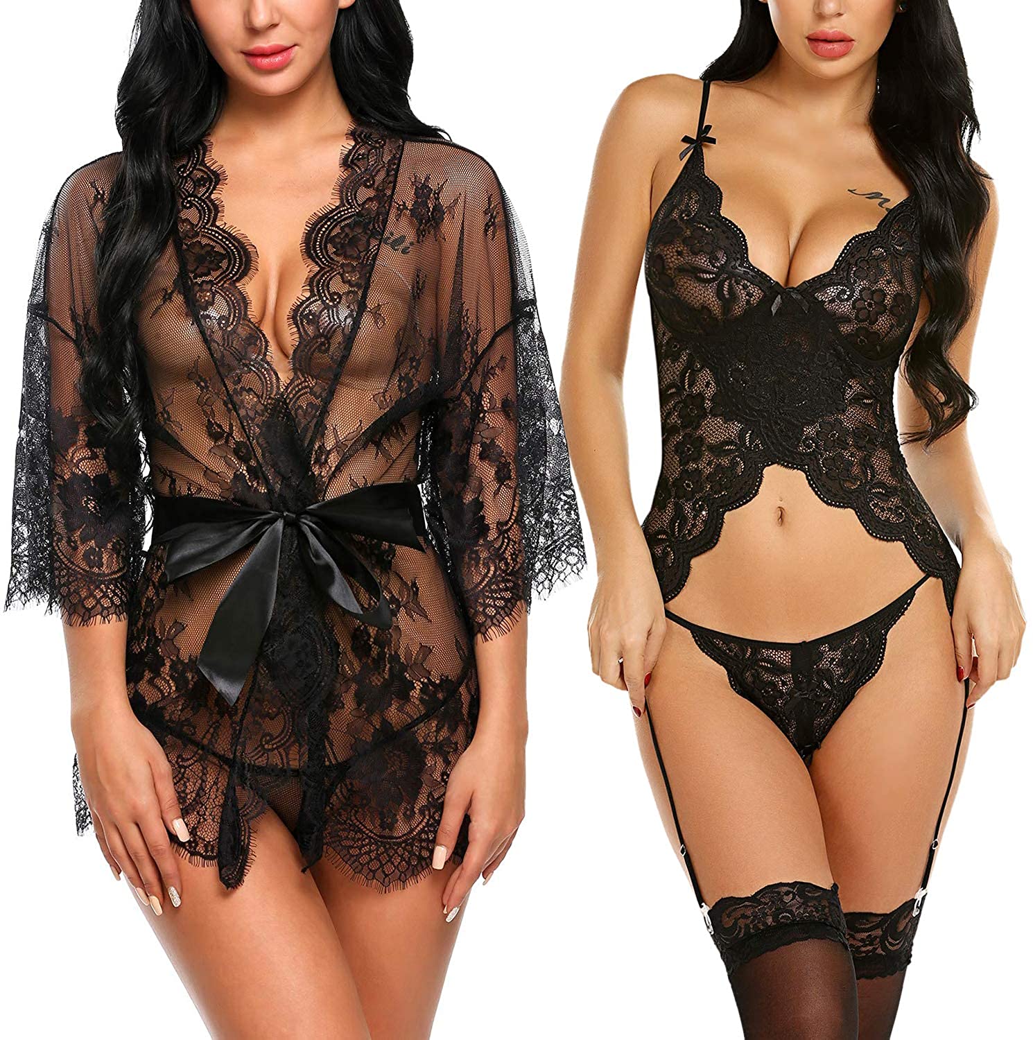 Price:$33.98 Avidlove Women's Lace Kimono Robe Babydoll Chemise and Lingerie Set with Garter(Black, XX-Large) at Amazon Women’s Clothing store