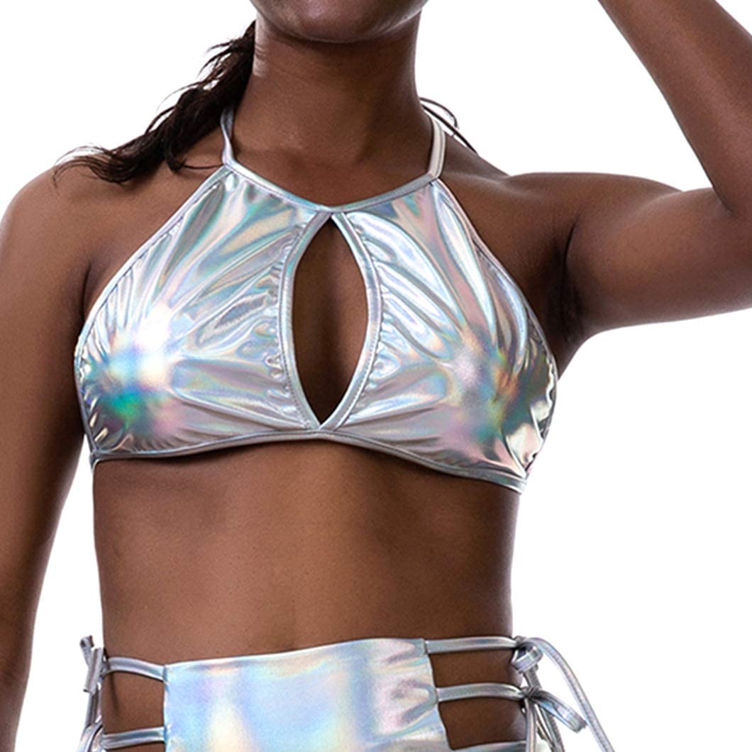 Price:$6.99 Flyrose Women's Metallic Keyhole Cutout Backless Halter Festival Rave Crop Tu. |  