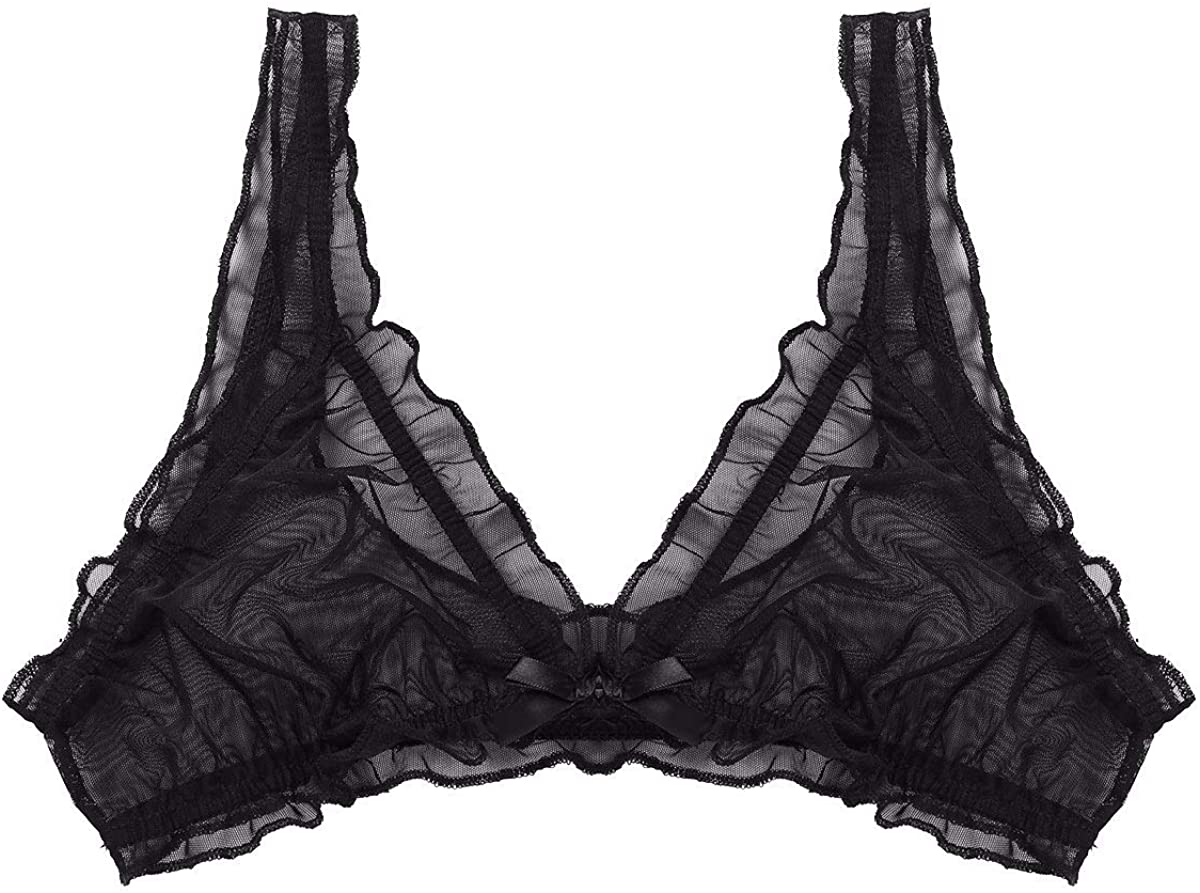Price:$4.99 Mufeng Women's Mesh Sheer Sexy Trianglei Bra Top Frilly Ruffles Wire-Free Bralette Lingerie at Amazon Women’s Clothing store