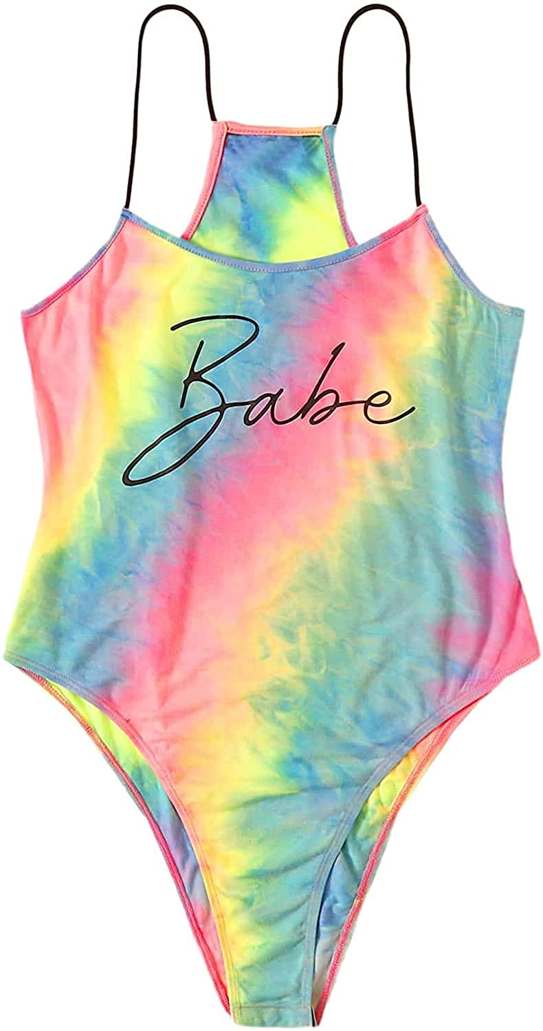 Price:$9.99 Romwe Women's Tie Dye Sleeveless Letter Print Cami Bodysuit at Amazon Women’s Clothing store
