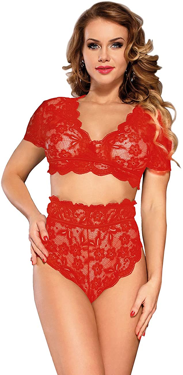 Price:$19.99 Lingerie for Women Lace Bra and Panty Set Babydoll V Neck Bodysuits Red at Amazon Women’s Clothing store