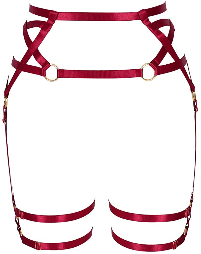 Price:$18.58    MAMOHSS Women Body Harness Gothic Lingerie Garter Belts Elastic Leg Cage Hosiery Adjustable Plus Size (Wine Red)  Clothing