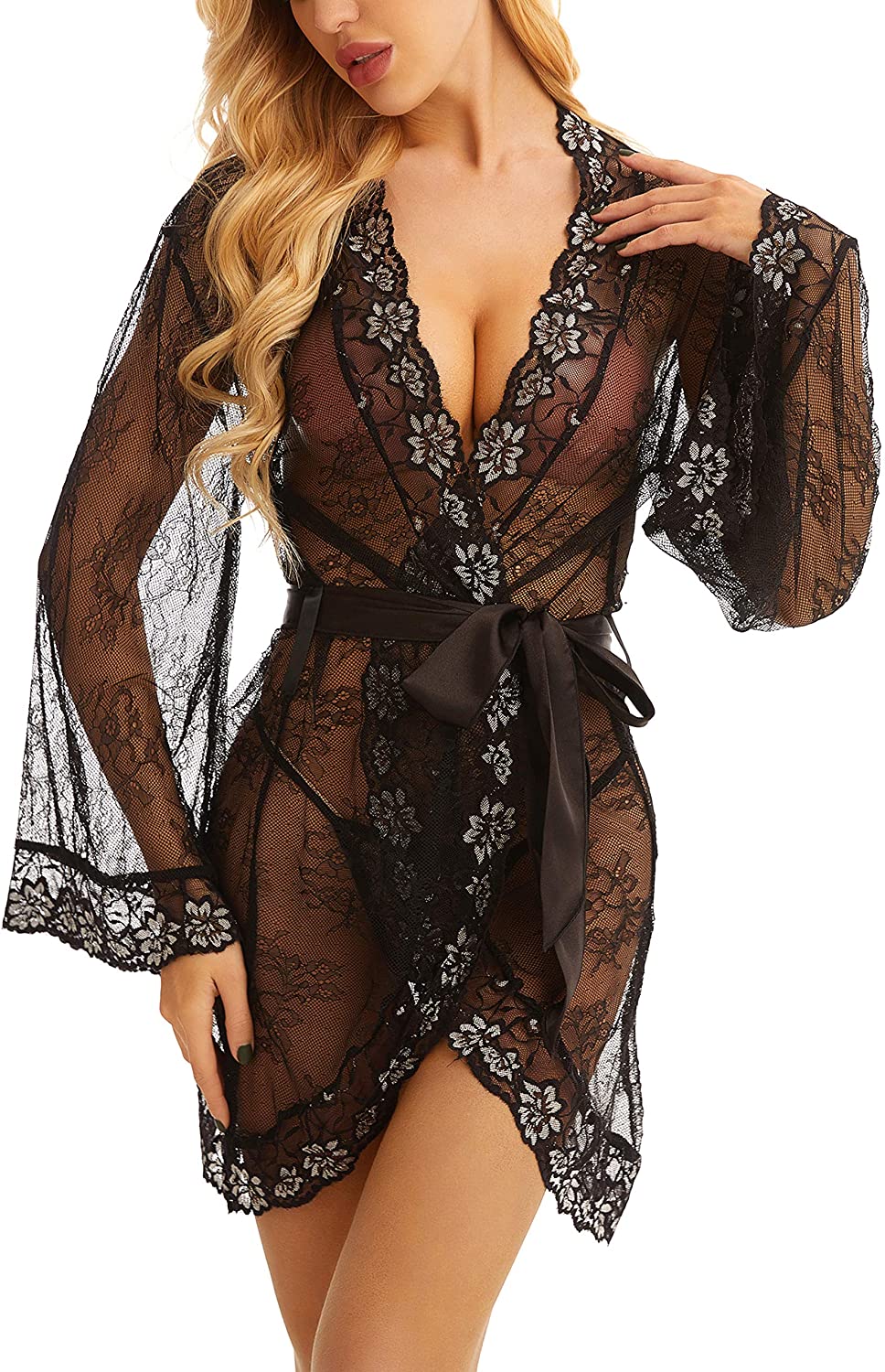 Price:$15.99 Lomitti Women's Floral Lace Kimono Robe Sheer Babydoll Sexy Lingerie Mesh Nightgown (M, Black) at Amazon Women’s Clothing store
