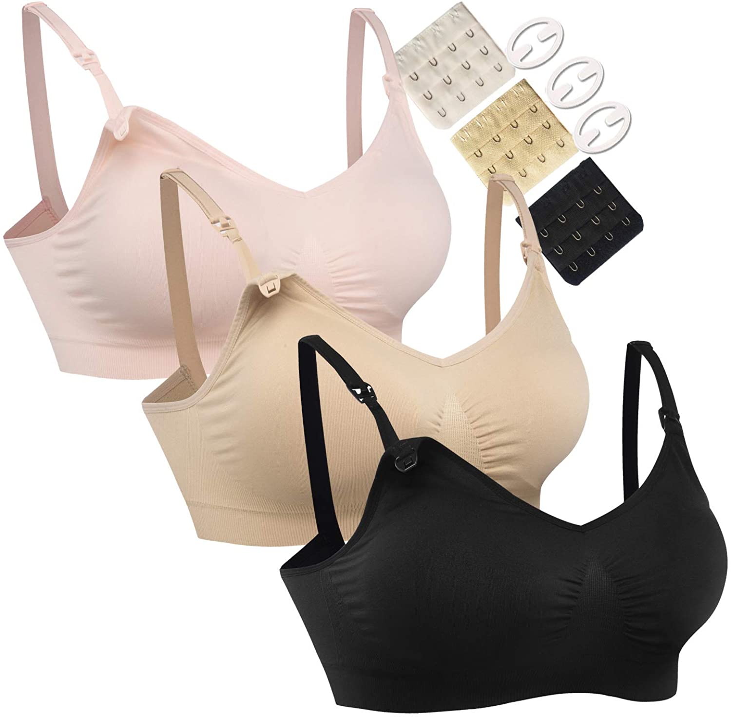 Price:$21.99 HOFISH 3PACK Full Bust Seamless Nursing Maternity Bras Bralette S-XXL with Extra Bra Extenders & Clips at Amazon Women’s Clothing store