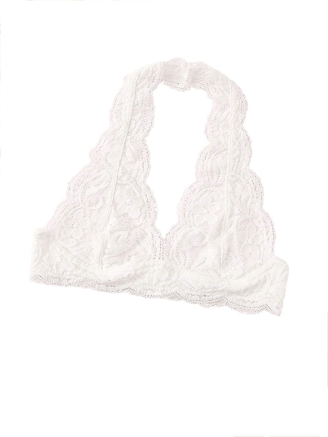 Price:$13.99 SheIn Women's Halter Plunge Floral Lace Scalloped Trim Bralette Cami Top Bra at Amazon Women’s Clothing store