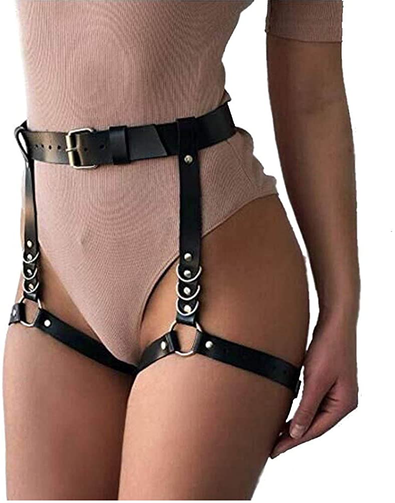 Price:$13.98    Women Leather Harness Adjustable Punk Caged Waist Belts Leg Garters Harness  Clothing