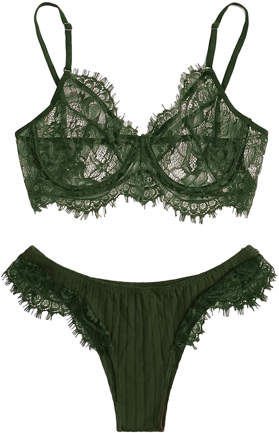 Price:$18.99 Lilosy Women Sexy Underwire Push Up Sheer Floral Lace Lingerie Set See Through Bra and Panty 2 Piece Rib Army Green Medium |  