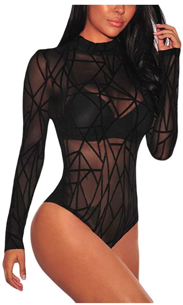 Price:$16.99 Women Black Sheer Mesh Geometric Velvet Bodysuit Long Sleeve Clubwear Sexy Teddy Lingerie One Piece Bodysuit at Amazon Women’s Clothing store