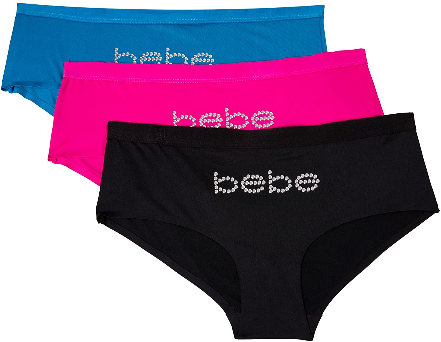Price:$12.99 bebe Womens Multi Pack Logo Printed Elastic Waist Boyshort Underwear Panties at Amazon Women’s Clothing store