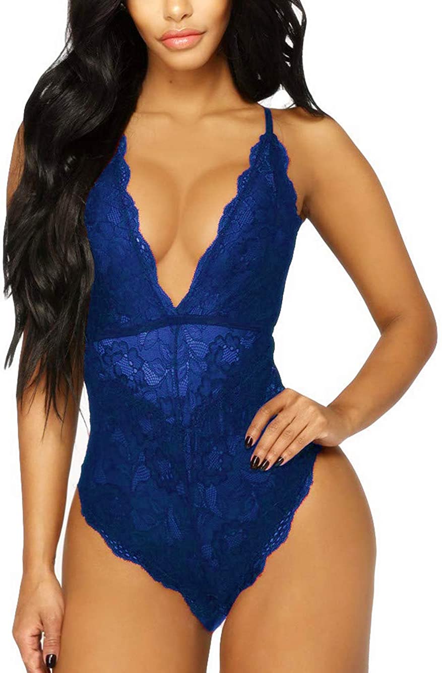 Price:$13.99 Kaei&Shi V-Neck See Through Lingerie Floral Lace Babydoll Sexy Lingerie for Women One Piece Teddy Bodysuit Blue Medium at Amazon Women’s Clothing store