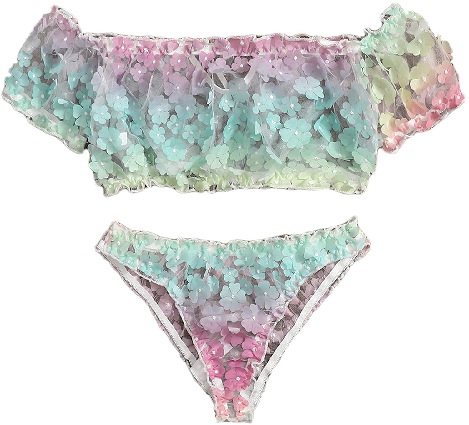 Price:$19.99    SheIn Women's Sexy Self Tie Applique Lace Mesh Lingerie Babydoll Ruffle Trim Set Multicolor Medium  Clothing