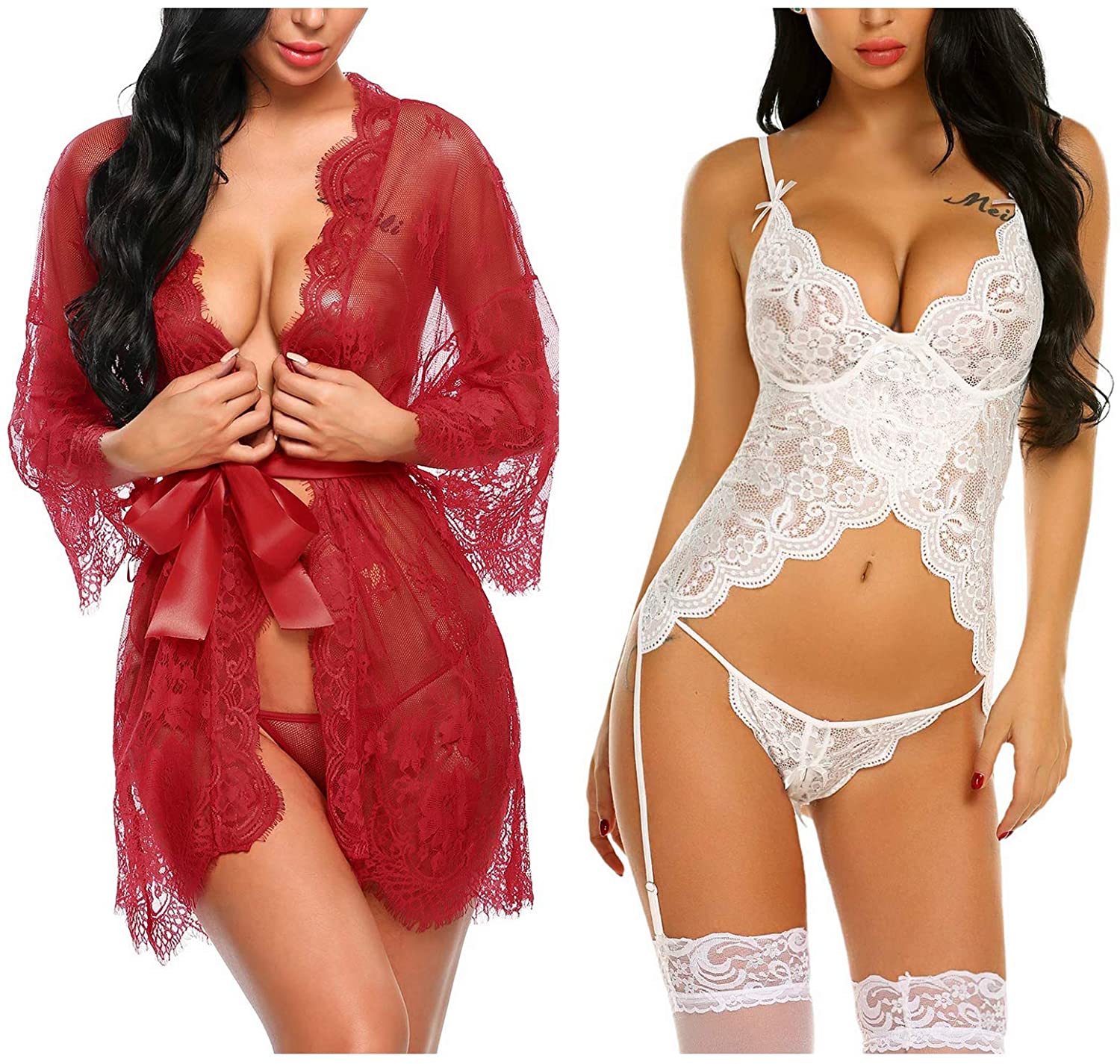 Price:$31.48 Avidlove Women's Lace Kimono Robe Babydoll Chemise (Dark Red, XX-Large) and Lingerie Set with Garter (White, XX-Large) at Amazon Women’s Clothing store