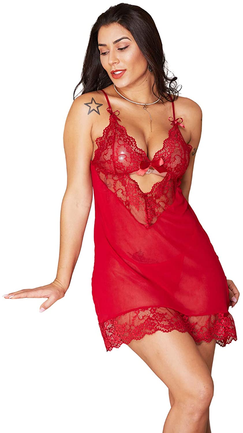 Price:$15.99 Dayaleeya Womens Lace Lingerie Babydoll Teddy V Neck Strappy Chemise See Through Sleepwear at Amazon Women’s Clothing store