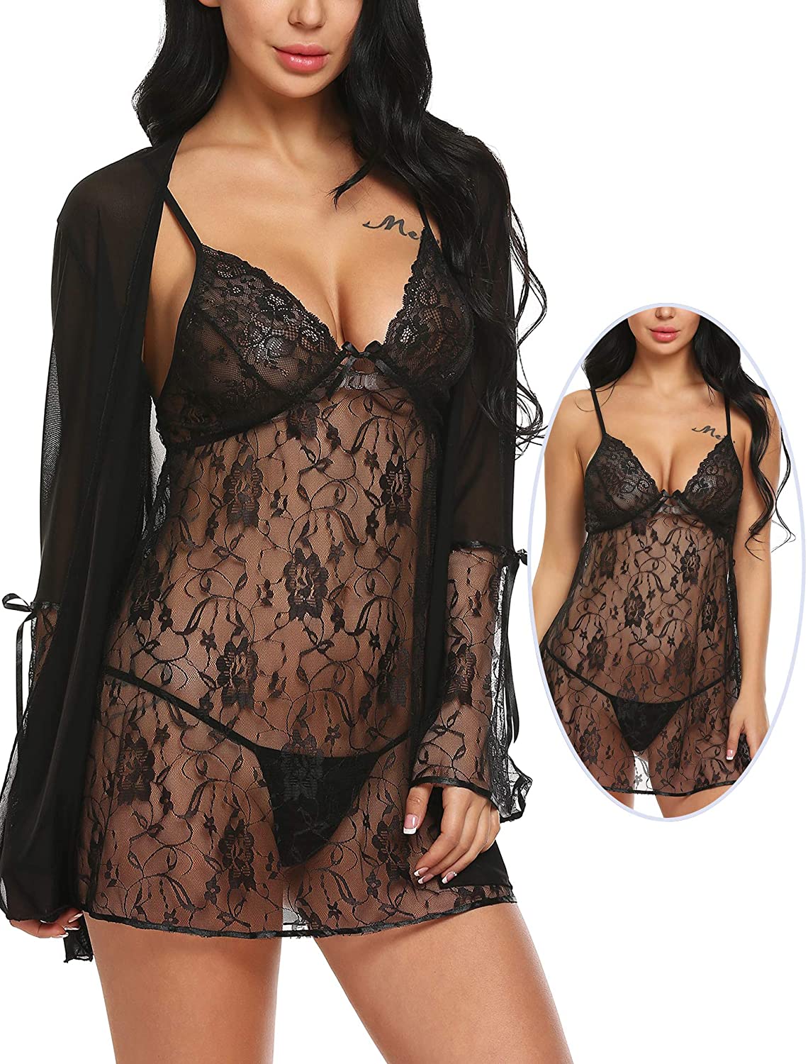 Price:$14.99 Grehu Sexy Women Lingerie Robe Lace Nightwear Babydoll Sets of 3 at Amazon Women’s Clothing store