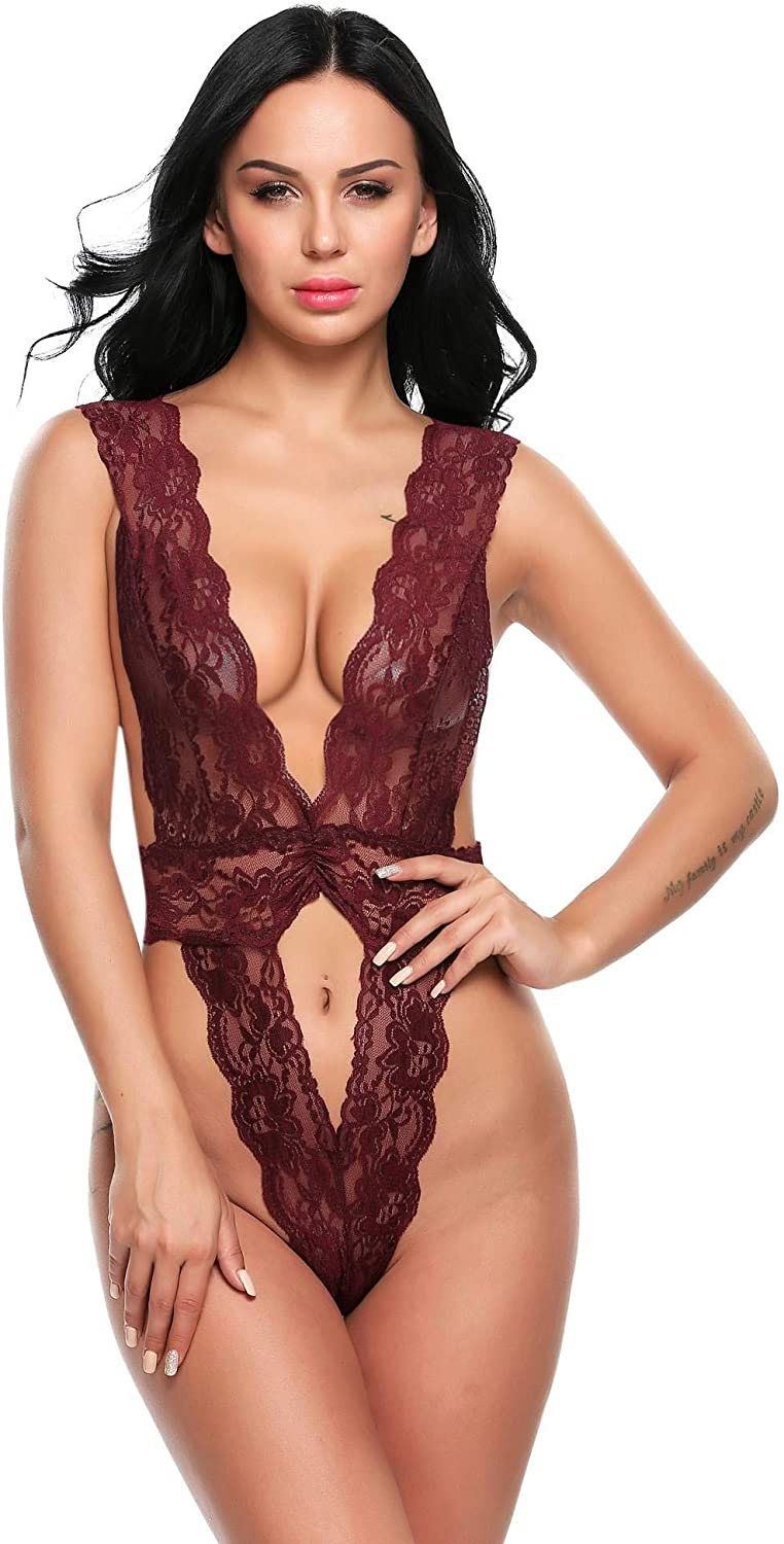 Price:$11.99 Women Sexy Lingerie One-Piece Lace Babydoll Hollow Out Deep V Mini Teddy Bodysuit at Amazon Women’s Clothing store