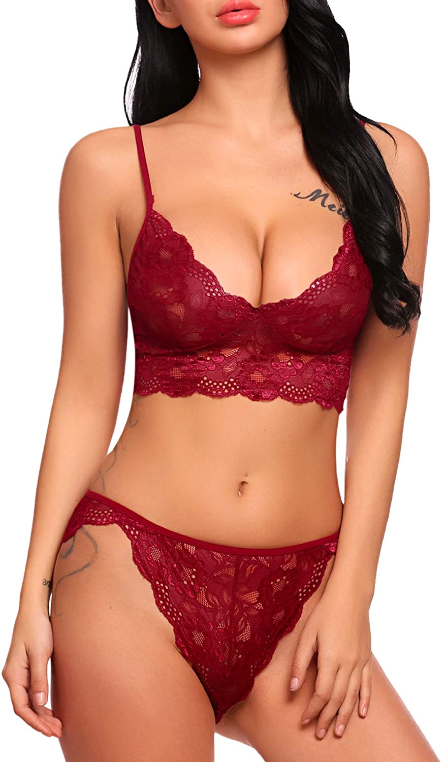 Price:$16.98 ADOME Women's Lace Lingerie Bra and Panty Set Strappy Babydoll Bodysuit Red Large at Amazon Women’s Clothing store