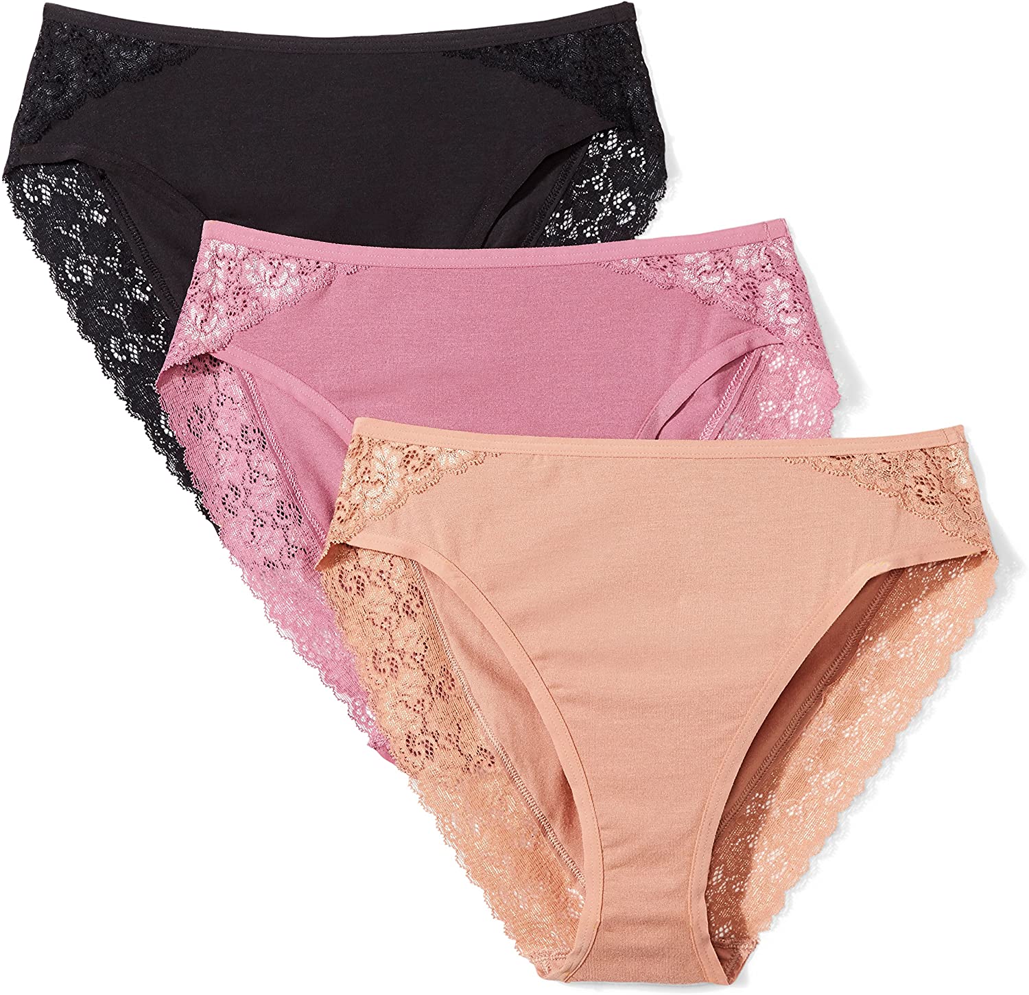 Price:$17.54    Amazon Brand - Arabella Women's Smooth Cotton High Leg Lace Detail Brief Panty, 3 Pack  Clothing
