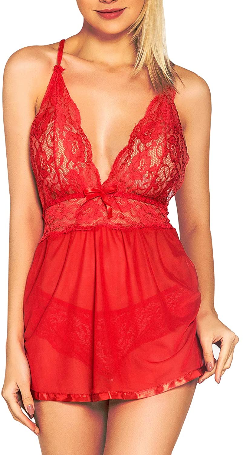 Price:$11.99 Lovetide Sexy Lingerie Teddy Lace Nightgown Chemise Babydoll Nighty Negligee Underwear Set for Women (Red) at Amazon Women’s Clothing store