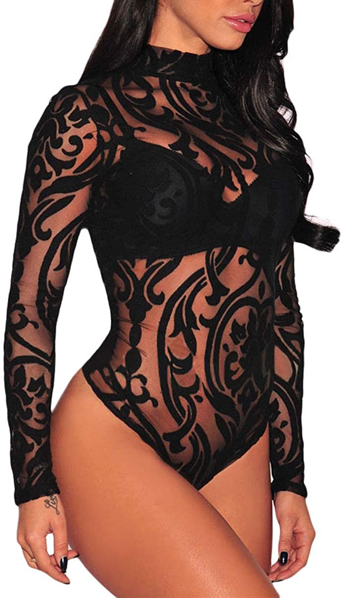 Price:$15.99 Womens Sexy Lace Teddy Lingerie One Piece Babydoll Bodysuit - Mesh Lace Bodysuit Long Sleeve Clubwear at Amazon Women’s Clothing store