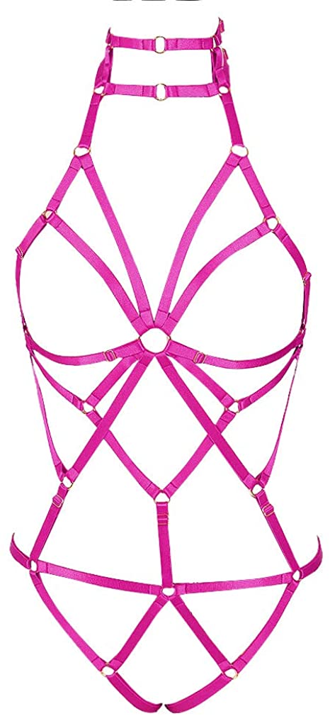 Price:$29.85    Women's Punk Body Harness Lingerie Full Waist Garter Belts Set Strappy Frame (Rose Red N0009)  Clothing
