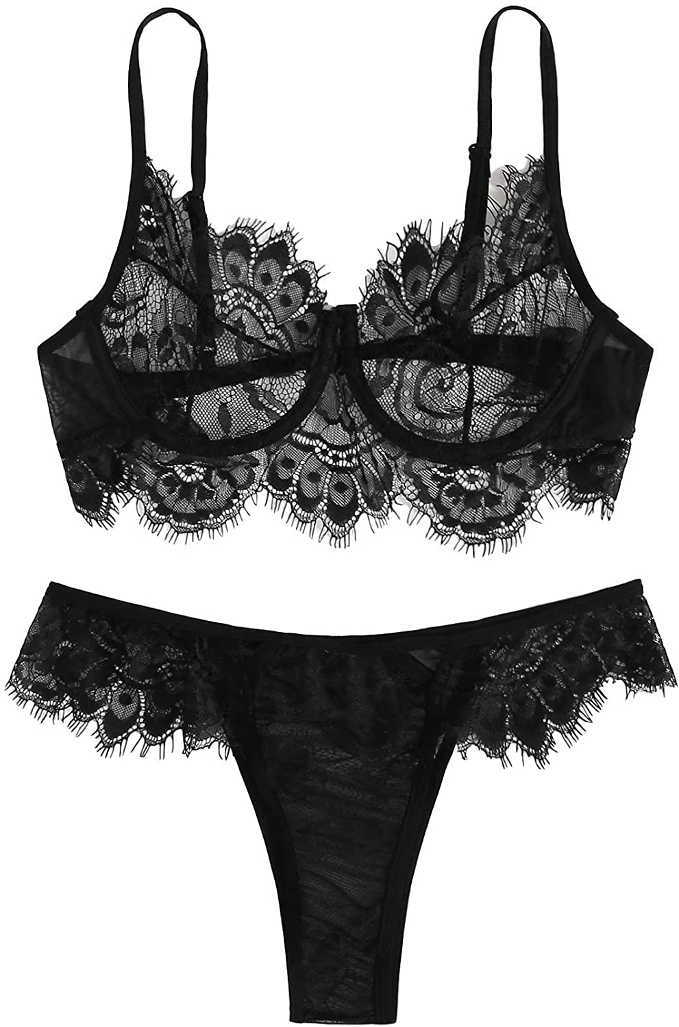 Price:$18.99 Lilosy Women Sexy Underwire Push Up Sheer Floral Lace Lingerie Set See Through Bra and Panty 2 Piece Lace&Mesh Black Medium |  
