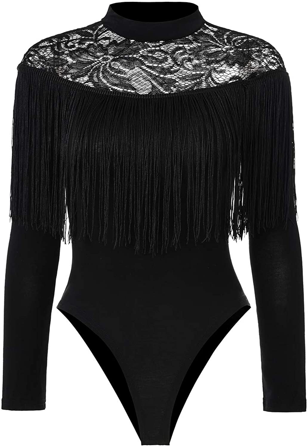 Price:$16.99    HONEYLOVE Womens Pretty Fringed Stretchy Floral Lace High Neck Leotard Bodysuit Clubwear  Clothing