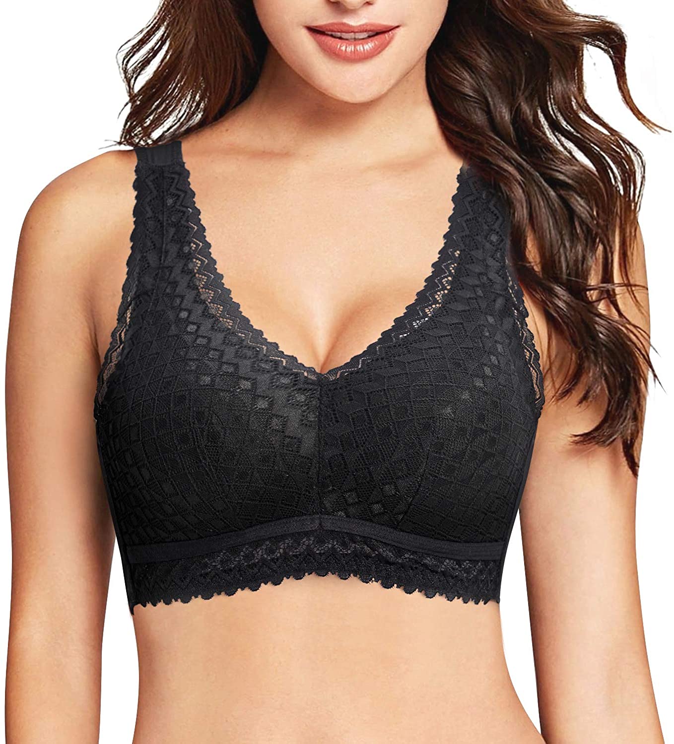 Price:$12.99 Rolewpy Women Lace Bralettes Padded Wireless Deep V Bras Top Casual Floral Lingerie Plunge Camisole (Black, Medium) at Amazon Women’s Clothing store