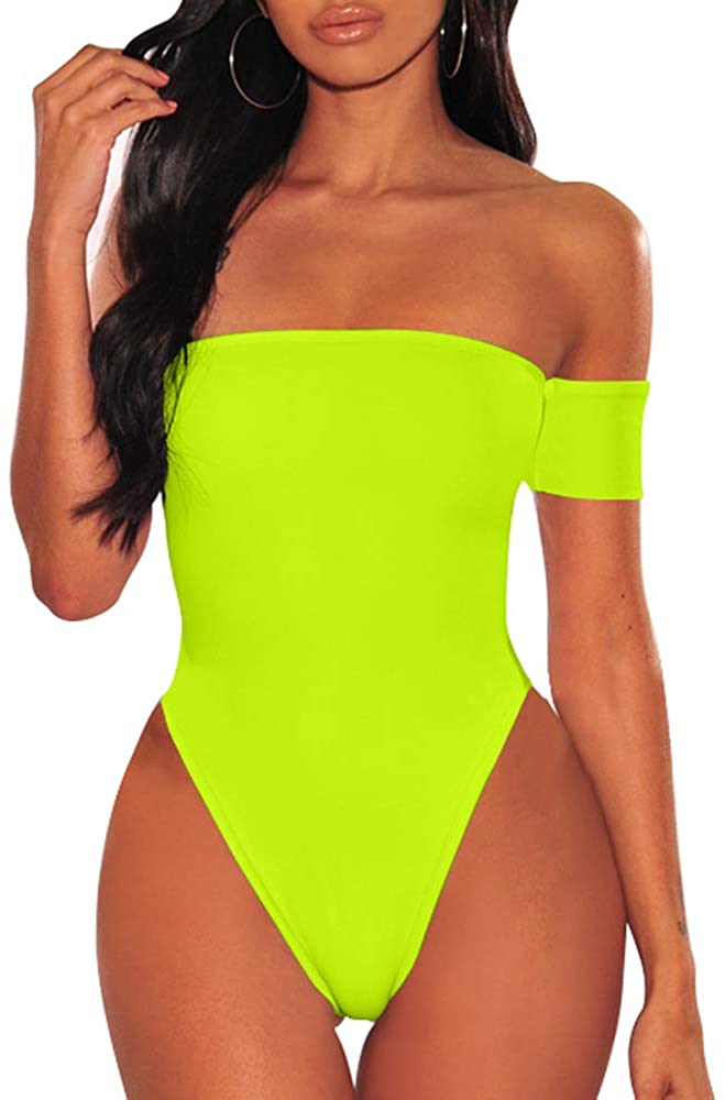 Price:$9.99    YMDUCH Women's Sexy Backless Lace Up Off Shoulder Short Sleeve Leotard Bodycon Bodysuit Fluo Green  Clothing