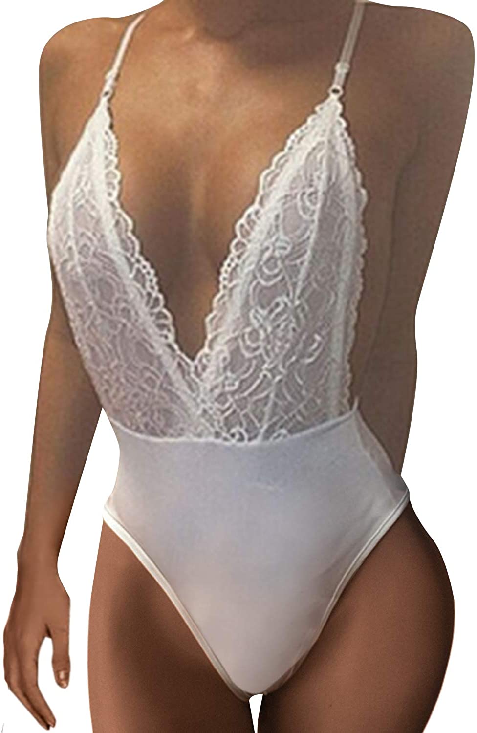 Price:$16.99 StyleDome Women Bodysuits Lace Backless Plunge V Neck Strap Halter Bodycon Babydoll at Amazon Women’s Clothing store