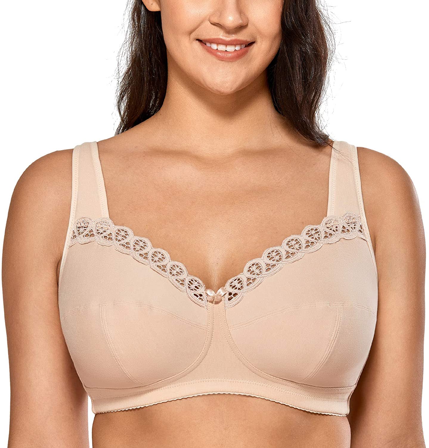 Price:$21.99 DELIMIRA Women's Plus Size Wirefree Non-Padded Full Coverage Lace Cotton Bra at Amazon Women’s Clothing store