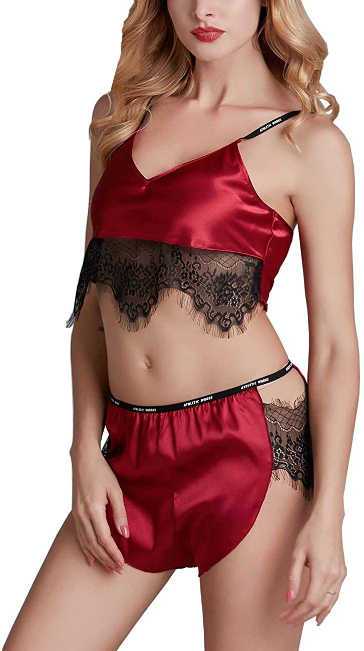 Price:$16.99 Babydoll Lingerie for Women Underwear Set Lace Nighties Silk Pajamas for Wedding Wine Red S at Amazon Women’s Clothing store