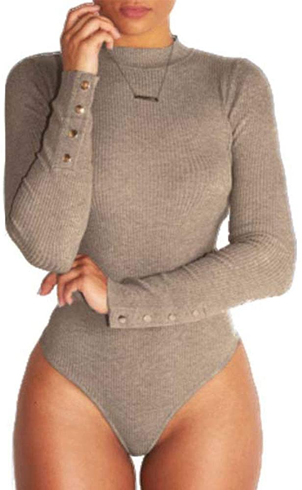 Price:$12.99 Womens High Neck Long Sleeve Ribbed Bodysuit Solid Long Sleeve Bodycon Romper Leotard at Amazon Women’s Clothing store