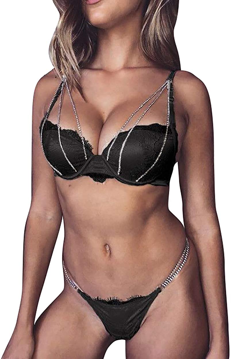Price:$18.99    Lingerie for Women Lace Bralette Underwire Bra Panties Set 3 Piece Black  Clothing
