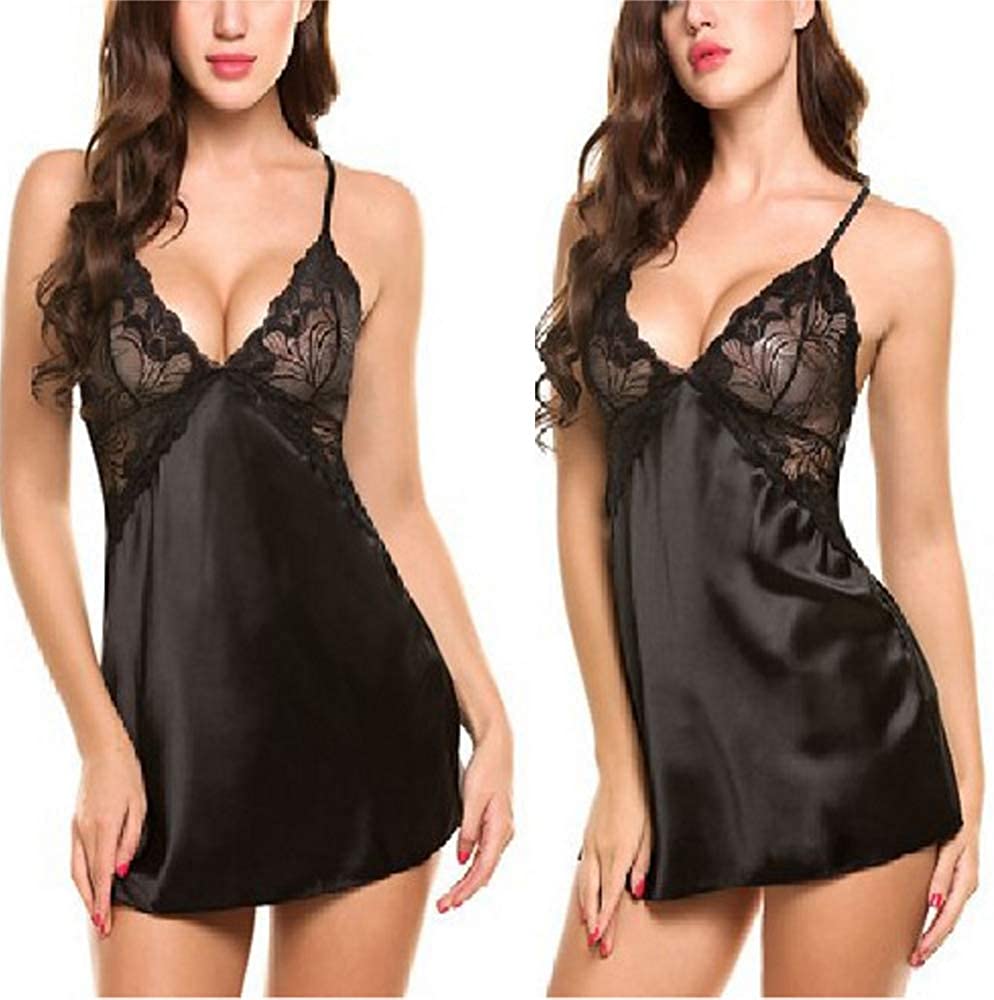 Price:$14.99 Sexy Women Lingerie Nightie V Neck Lace Chemise Halter Sleepwear Satin Nightwear (S-XXL) at Amazon Women’s Clothing store