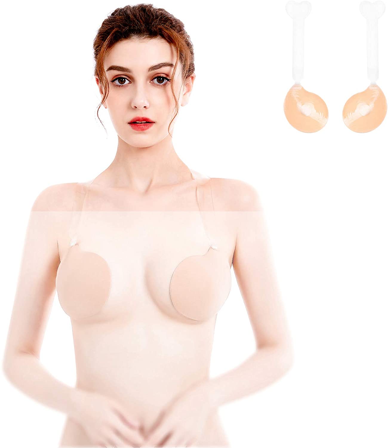 Price:$16.99 Women Instant Breast Lift Nipplecovers, Invisible Push Up Self Adhesive Strapless Backless Bra Reusable Plunge Sticky Bras (C/D) Beige at Amazon Women’s Clothing store