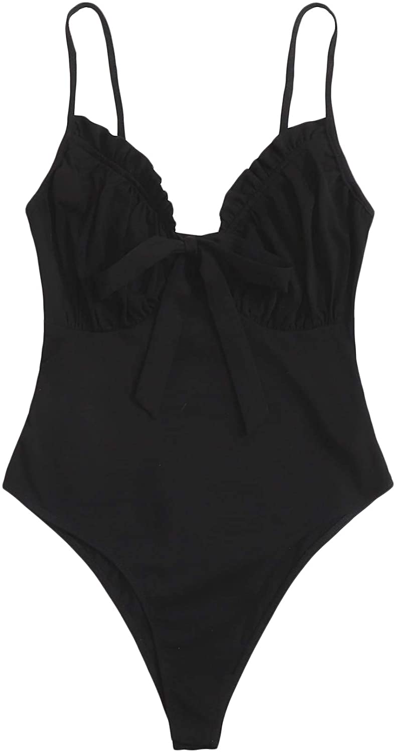 Price:$16.99 Verdusa Women's Knot Front Frill Trim Ruched Leotard Thong Cami Bodysuit at Amazon Women’s Clothing store